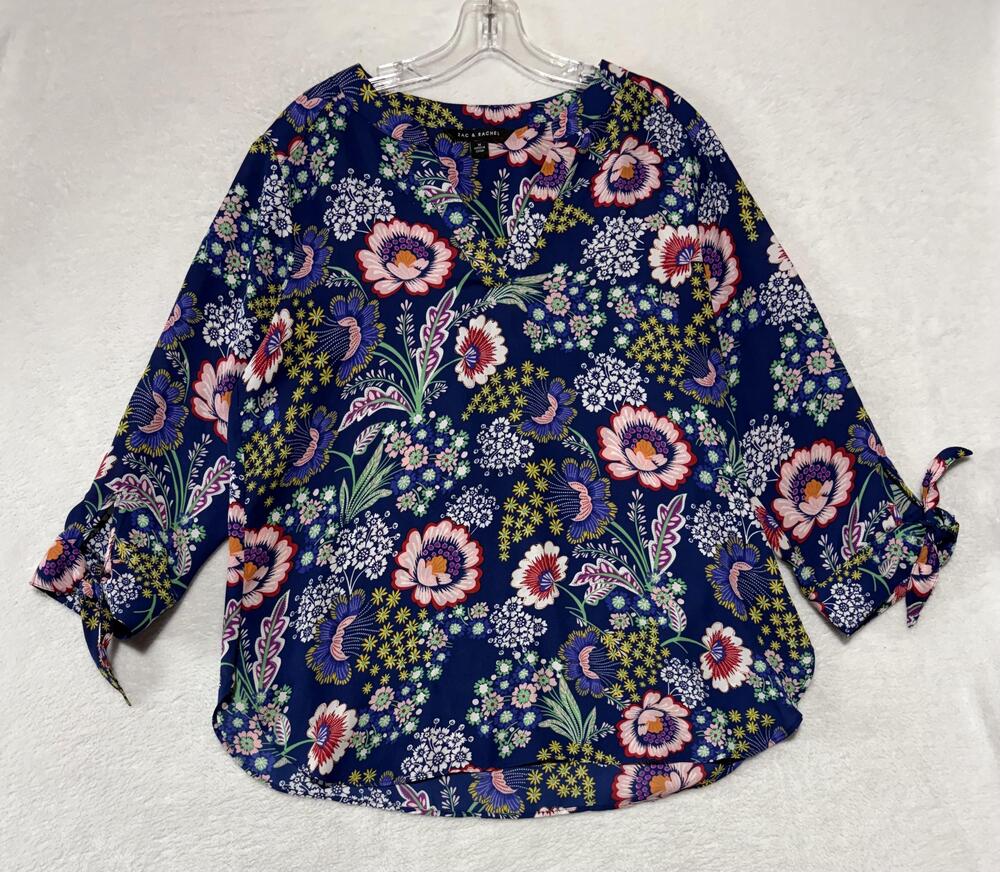Zac & Rachel Blouse Womens Medium Blue Floral V-Neck 3/4 Sleeve Tie Cuff Top